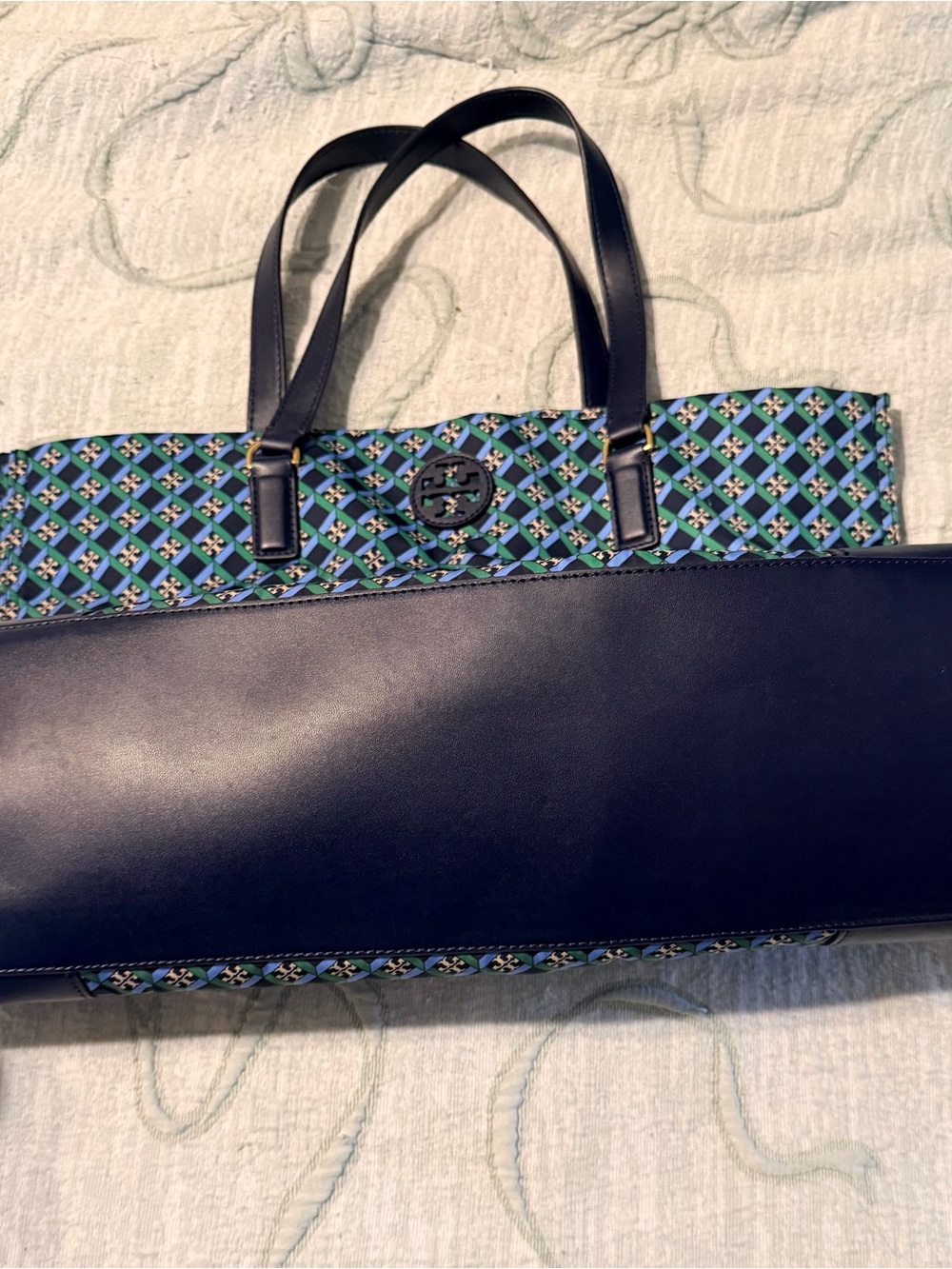 Tory Burch Blue and Navy Geometric Canvas Tote - Picture 2 of 6